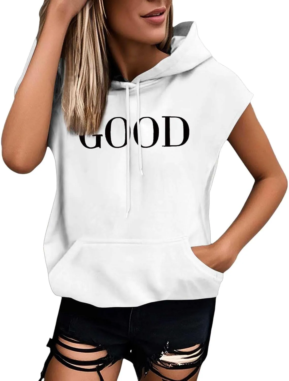 Sleeveless Vest Tops with Hood for Women Casual Loose Fit Hoodie Lightweight Drawstring Pullover Sweatshirt with Pockets