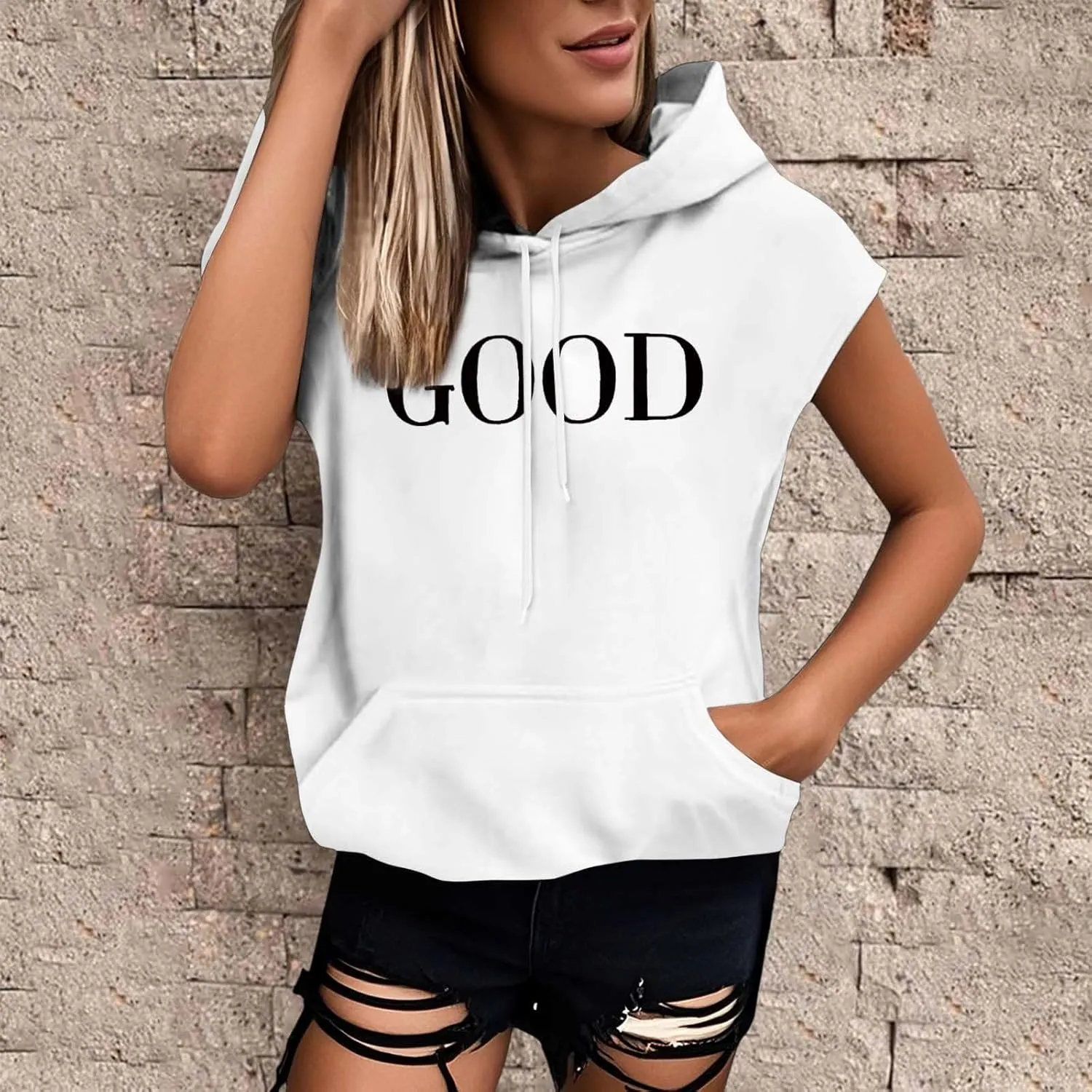 Sleeveless Vest Tops with Hood for Women Casual Loose Fit Hoodie Lightweight Drawstring Pullover Sweatshirt with Pockets