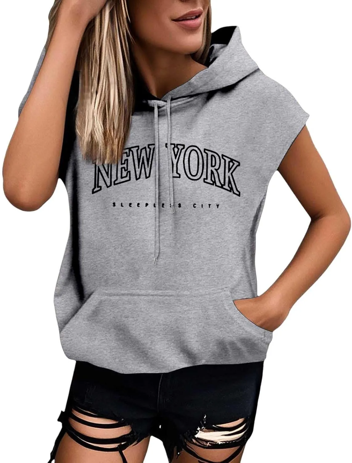 Sleeveless Vest Tops with Hood for Women Casual Loose Fit Hoodie Lightweight Drawstring Pullover Sweatshirt with Pockets