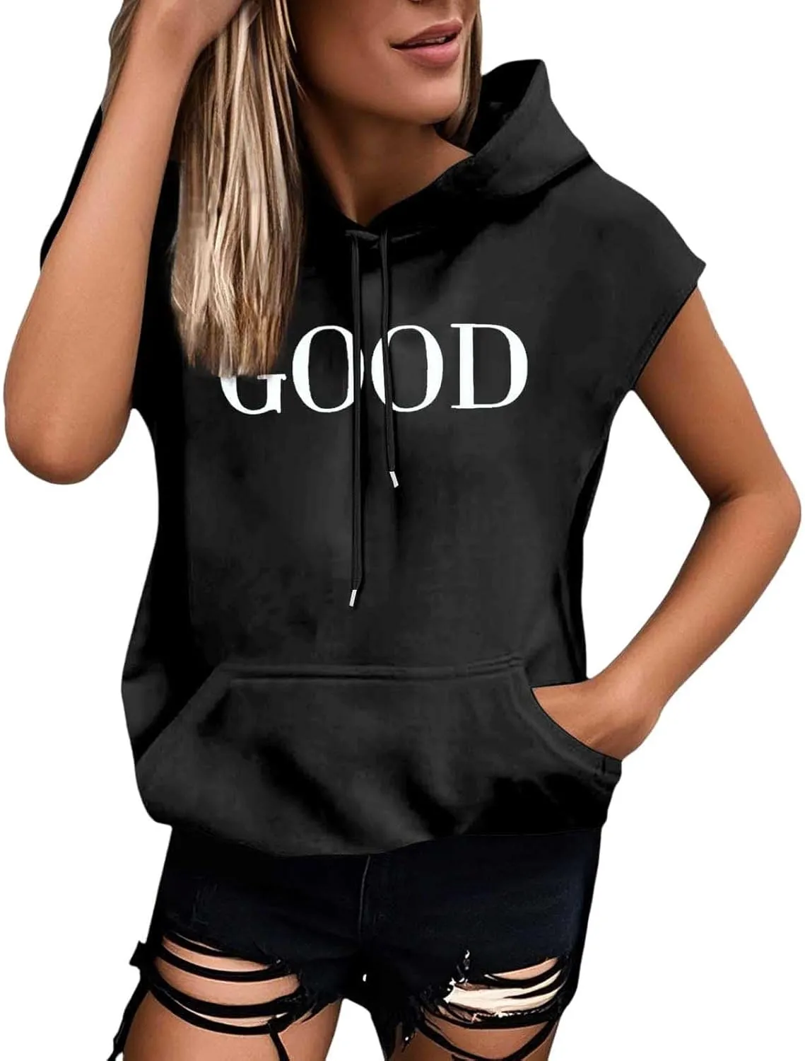 Sleeveless Vest Tops with Hood for Women Casual Loose Fit Hoodie Lightweight Drawstring Pullover Sweatshirt with Pockets