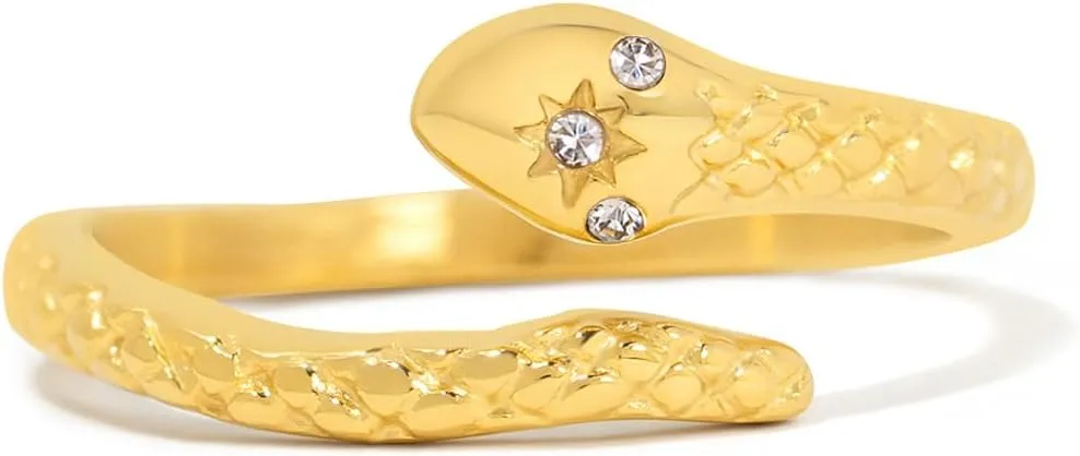 Snake Rings for Women, 18K Gold Plated Stainless Steel Durable Non-Tarnish Waterproof Non-Adjustable Size 5-10