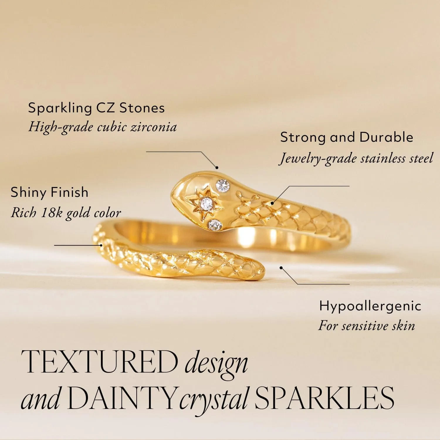 Snake Rings for Women, 18K Gold Plated Stainless Steel Durable Non-Tarnish Waterproof Non-Adjustable Size 5-10