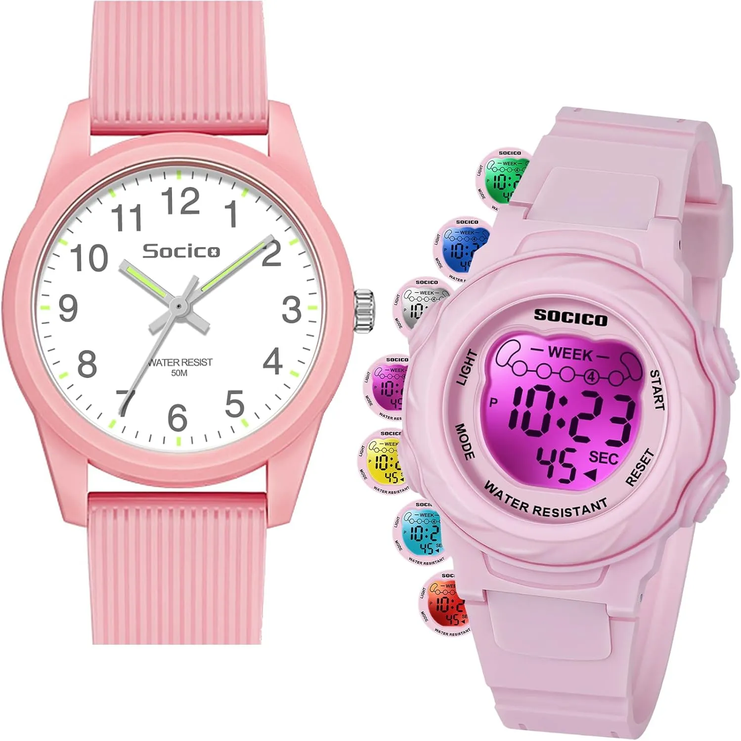 SOCICO Kids Watches for Boys & Girls  Digital 7 Color Lights, Stopwatch, Alarm & Analog Easy Time Learning  50M Waterproof, Soft Durable Bands, Great Gift for Ages 4-12