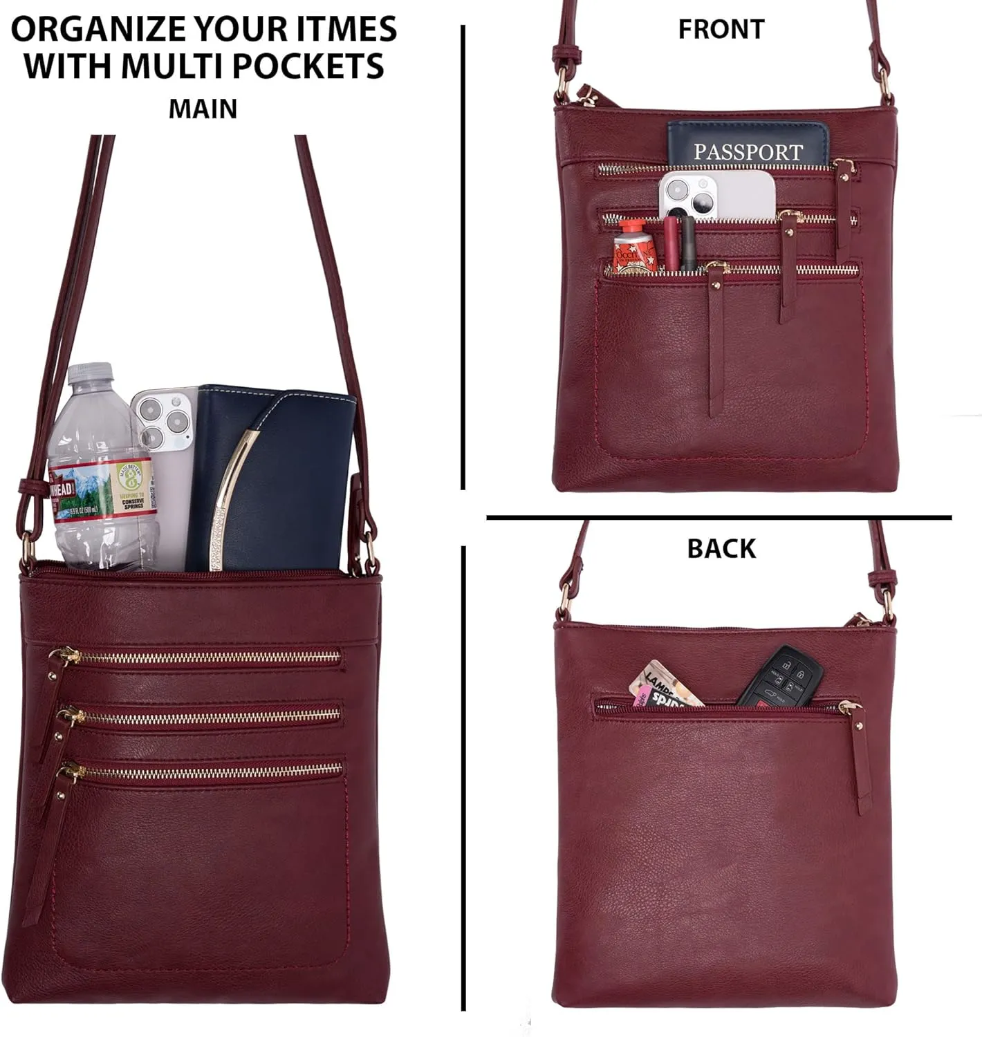 Solene Crossbody Bag Functional Multi Pocket Messenger Purse Top Zip Closure Shoulder Handbag With Adjustable Strap