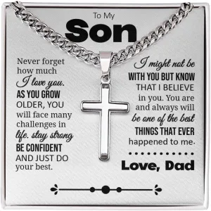 Son Gift, Cuban Chain with Cross Necklace, Sentimental Jewelry from Dad, Thoughtful Keepsake Gift for Son, Inspirational Jewelry Message Card with Gift Box