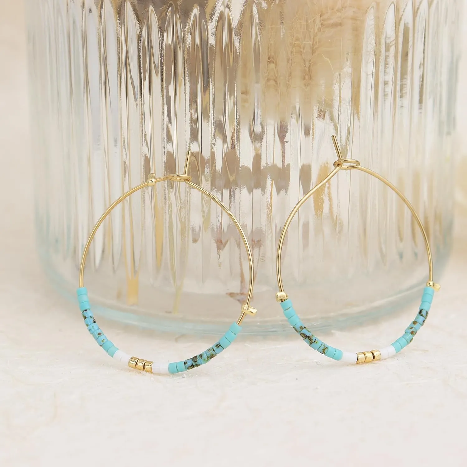Sonatomber Handmade Boho Colorful Beaded Large Gold Hoop Earrings for Women, Bohemian Seed Beads Circle Hoops Cartilage Hypoallergenic Holiday Prom Jewelry Gift