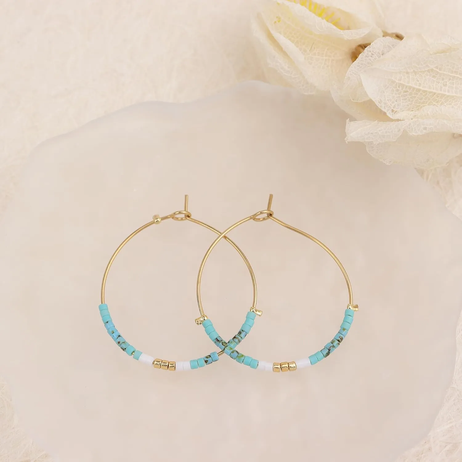 Sonatomber Handmade Boho Colorful Beaded Large Gold Hoop Earrings for Women, Bohemian Seed Beads Circle Hoops Cartilage Hypoallergenic Holiday Prom Jewelry Gift