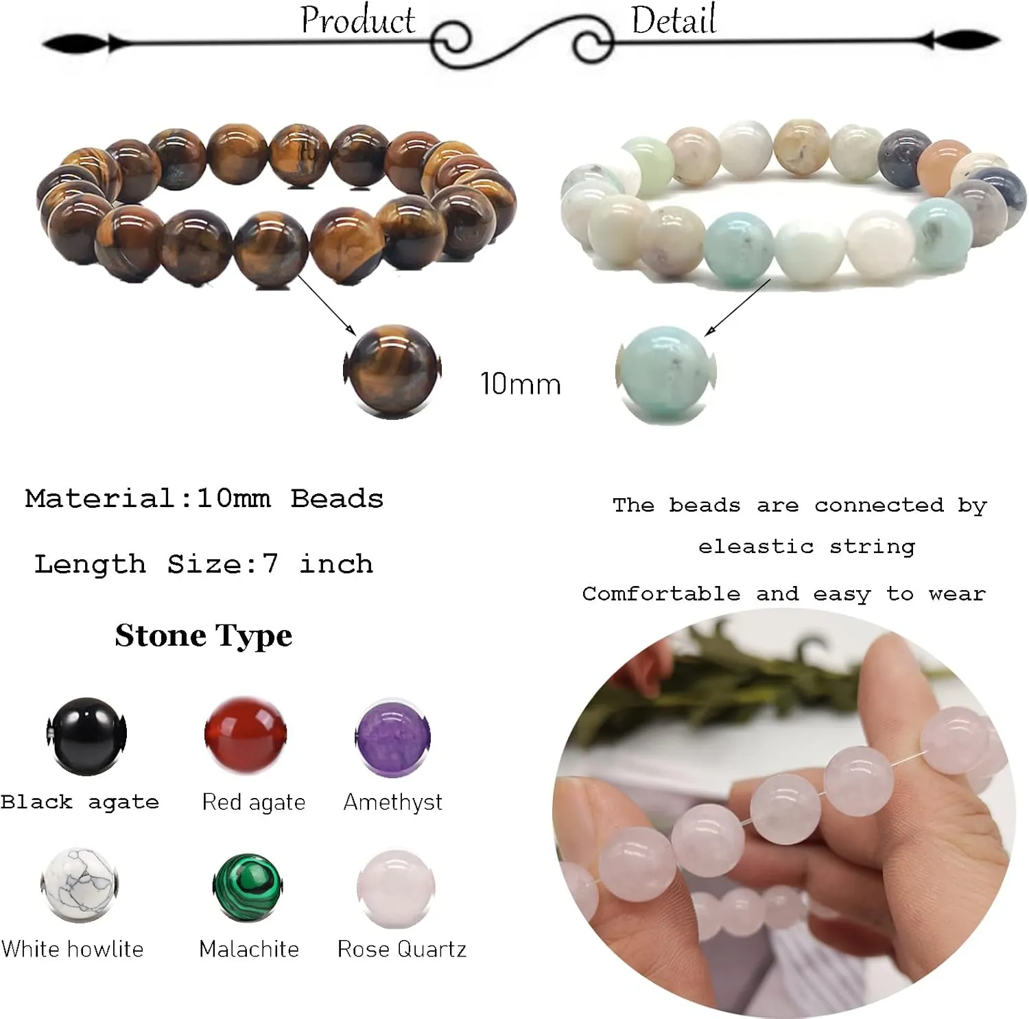 SONNYX 1-8 PCS 10mm Natural Stone Semi-Precious Gemstones Beaded Bracelets for Men Women Crystal Stretch Beaded Bracelet Unisex