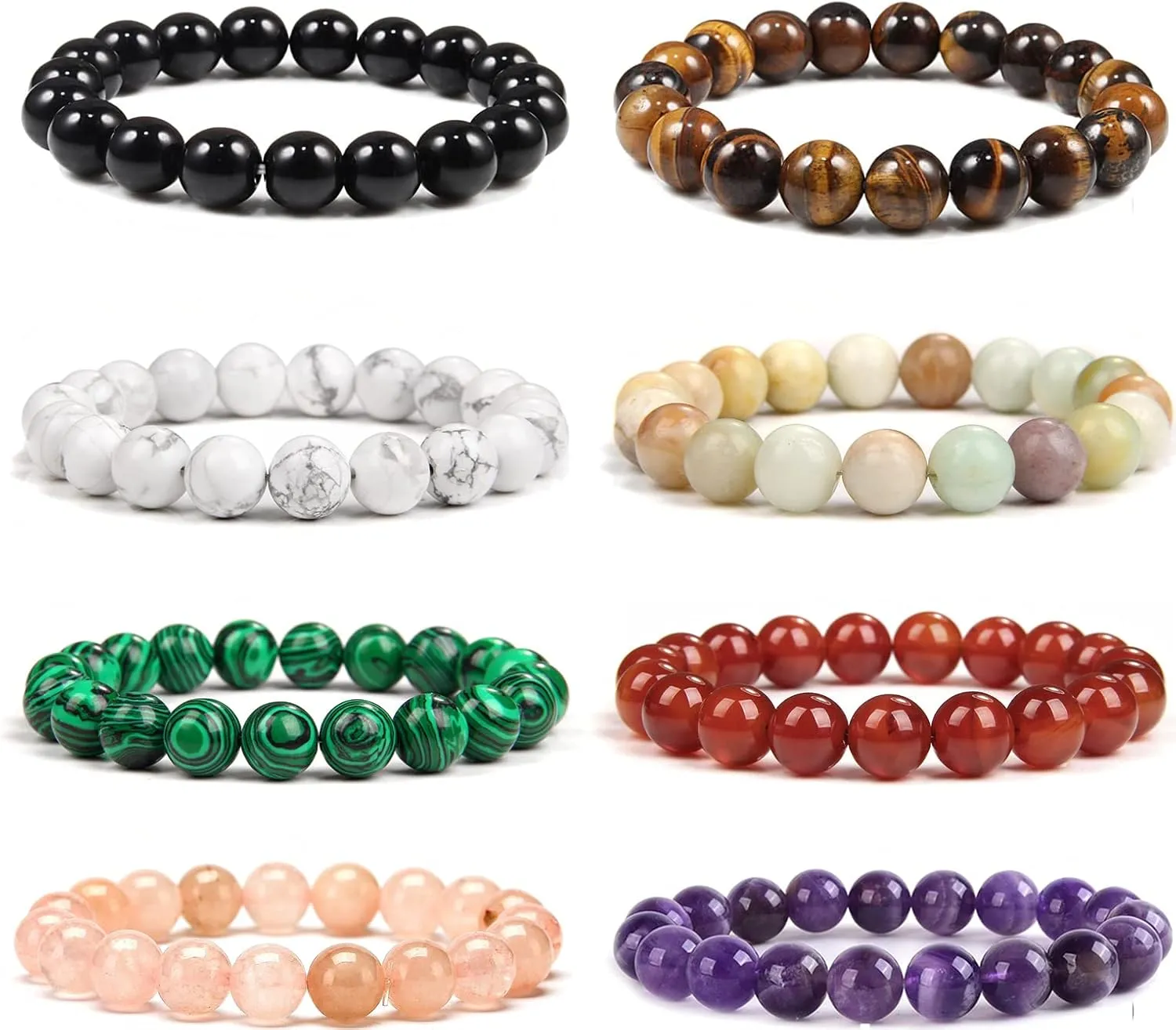 SONNYX 1-8 PCS 10mm Natural Stone Semi-Precious Gemstones Beaded Bracelets for Men Women Crystal Stretch Beaded Bracelet Unisex