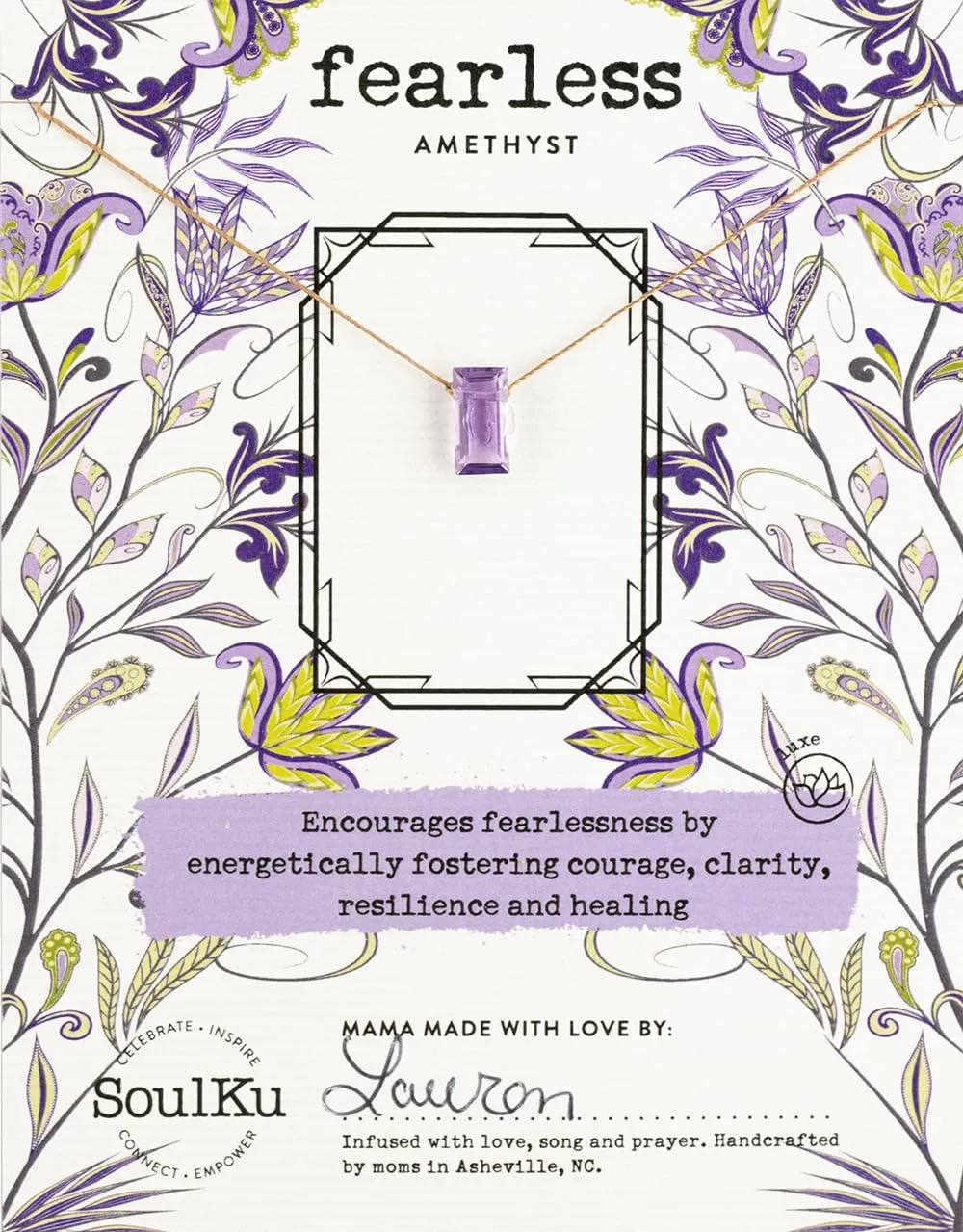 SoulKu Amethyst Refined Necklace for Fearless, Handmade Baguette Gemstone Necklace, Inspirational Gift For Women, Nylon Cord & Sterling Silver Clasp & Extender