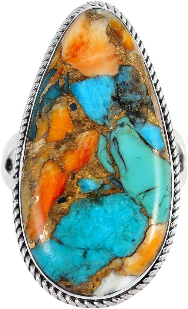 Spiny Oyster & Turquoise Ring in Sterling Silver 925 Genuine Gemstones