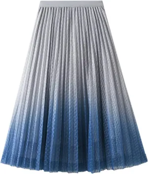Spring Summer Korean Fashion Gradient Shiny Mesh Skirt Women High Waist Midi Long Pleated Skirt Female