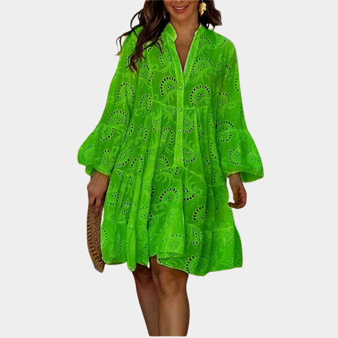 Spring Summer Womens V-Neck Lace Dress  Solid Color, Embroidered, Hollow Design, Casual Loose Fit