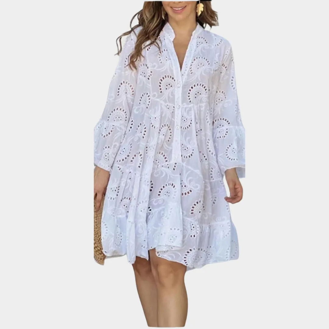 Spring Summer Womens V-Neck Lace Dress  Solid Color, Embroidered, Hollow Design, Casual Loose Fit