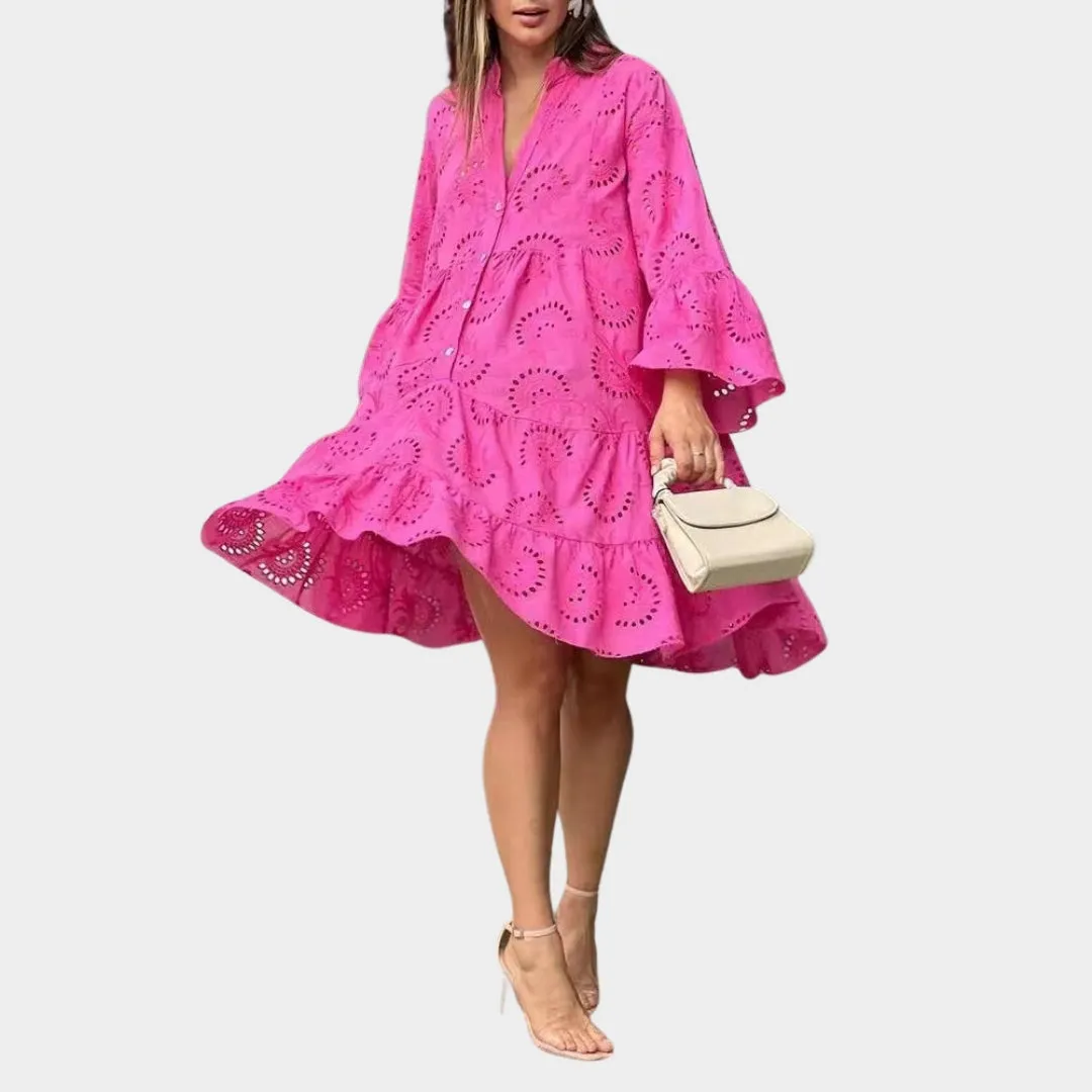 Spring Summer Womens V-Neck Lace Dress  Solid Color, Embroidered, Hollow Design, Casual Loose Fit
