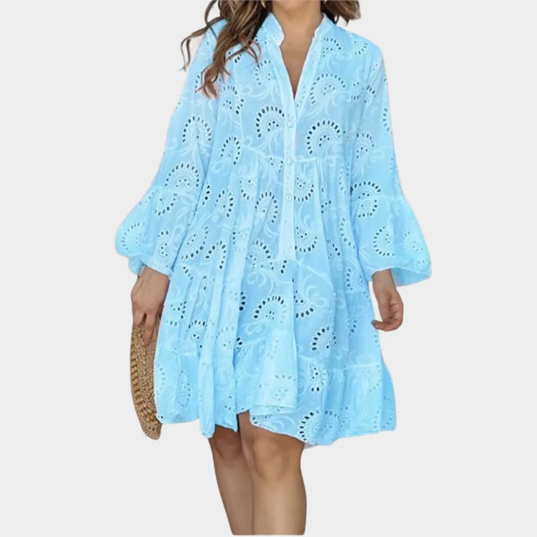 Spring Summer Womens V-Neck Lace Dress  Solid Color, Embroidered, Hollow Design, Casual Loose Fit
