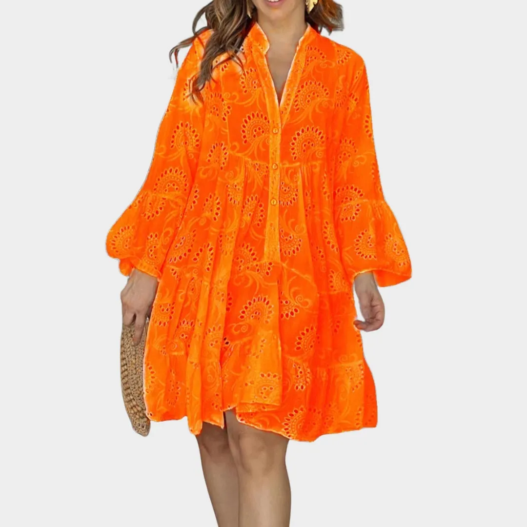 Spring Summer Womens V-Neck Lace Dress  Solid Color, Embroidered, Hollow Design, Casual Loose Fit