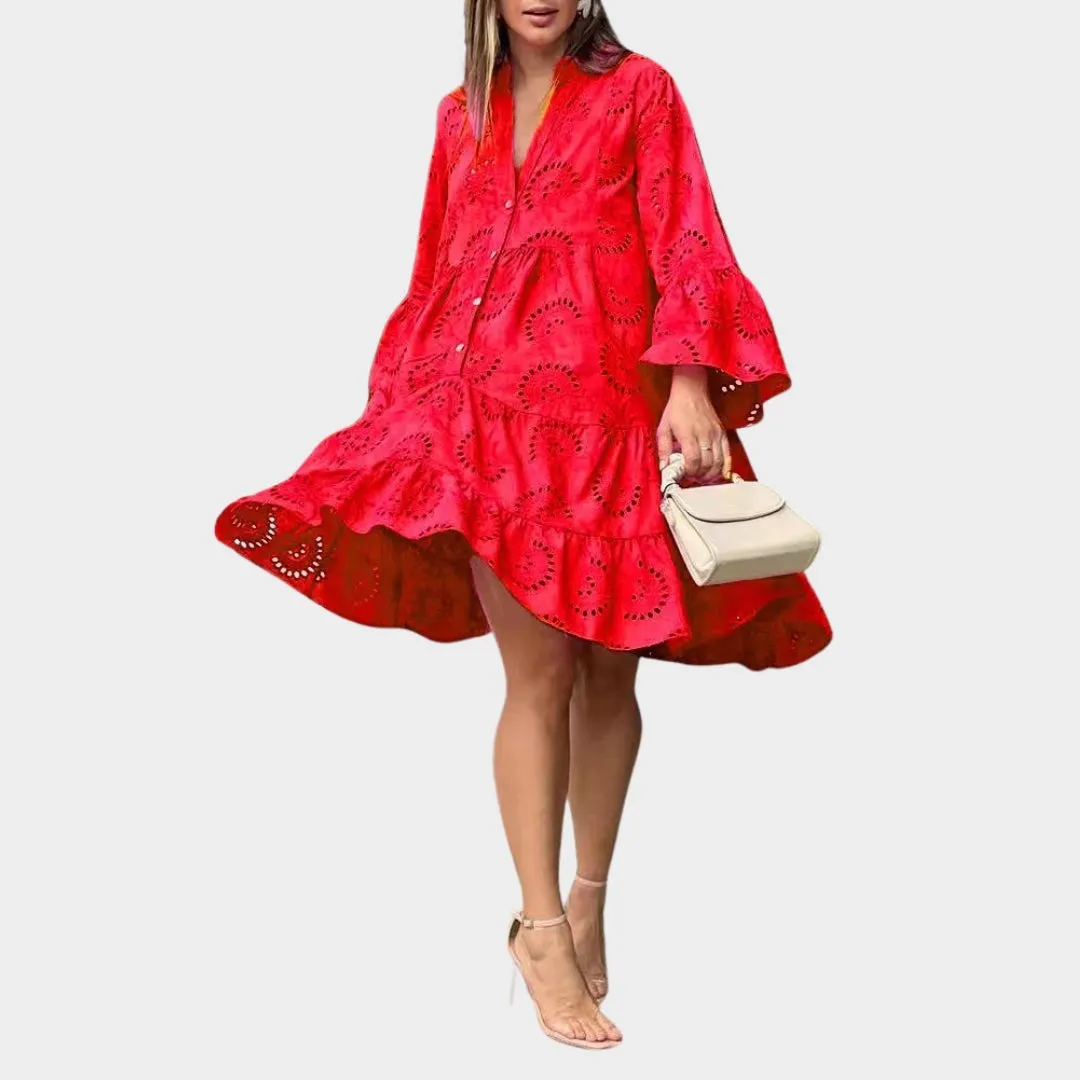 Spring Summer Womens V-Neck Lace Dress  Solid Color, Embroidered, Hollow Design, Casual Loose Fit