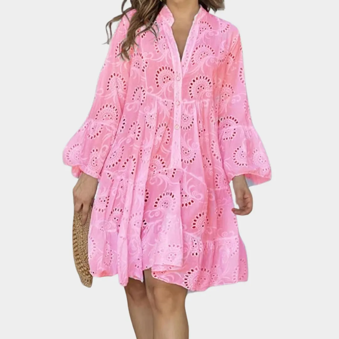 Spring Summer Womens V-Neck Lace Dress  Solid Color, Embroidered, Hollow Design, Casual Loose Fit