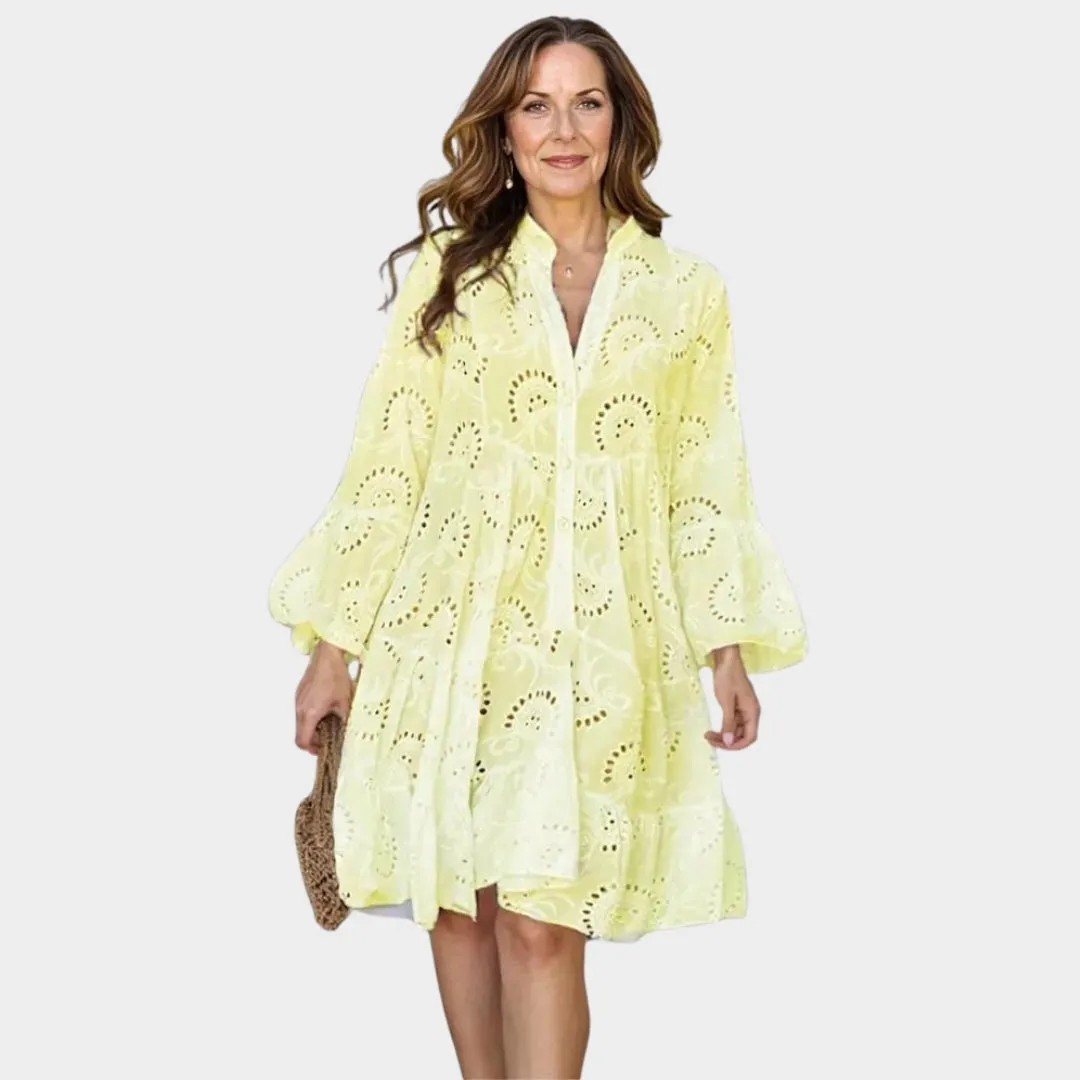 Spring Summer Womens V-Neck Lace Dress  Solid Color, Embroidered, Hollow Design, Casual Loose Fit