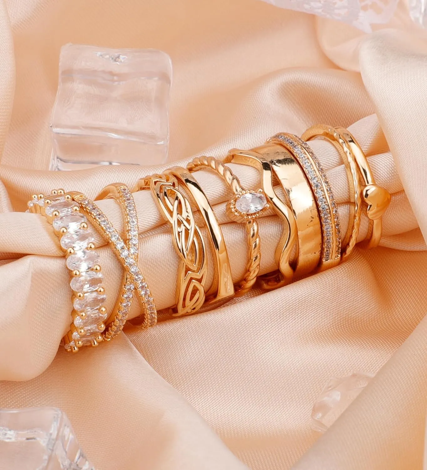 Staligue Gold Rings for Women Non Tarnish 10 PCS Dainty 14k Gold Plated Stacking Rings Set Heart CZ Thumb Chunky Wedding Band Rings Size 5 6 7 8 9 10 11