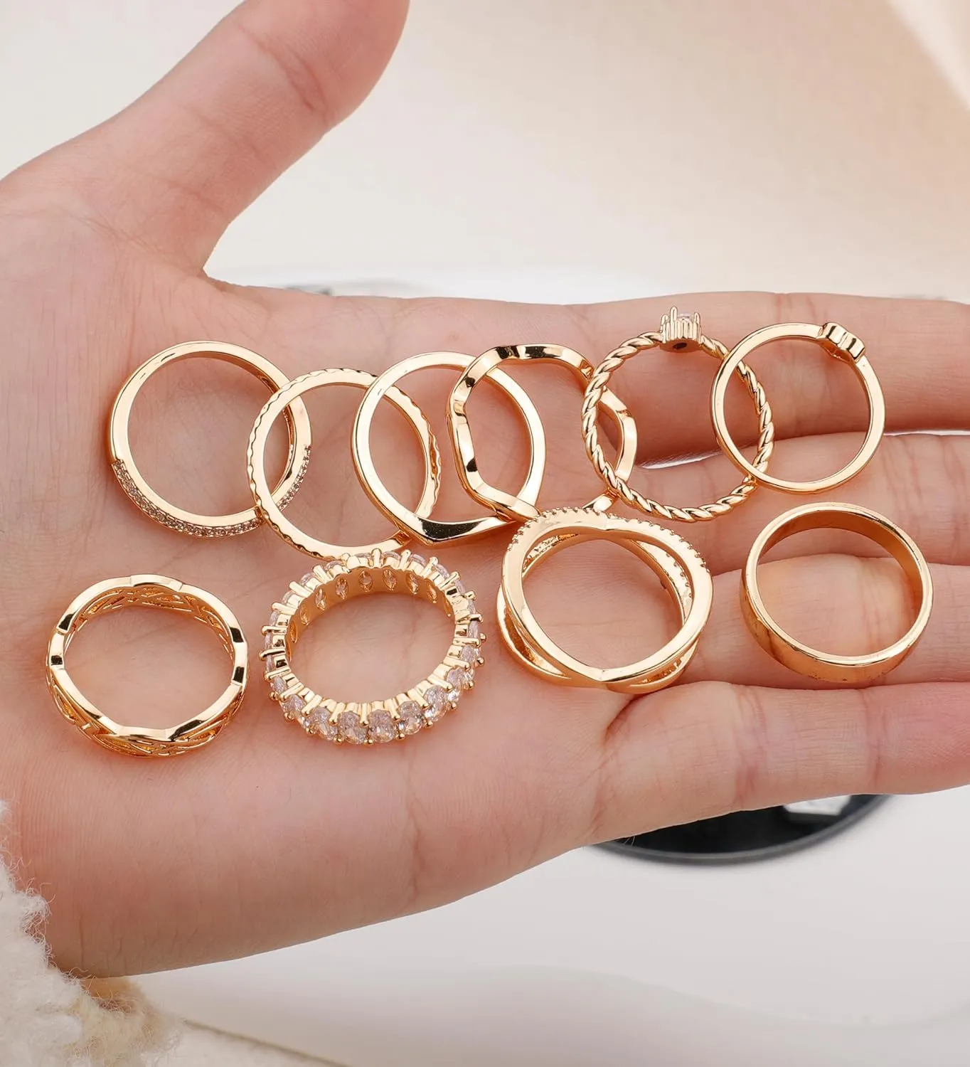 Staligue Gold Rings for Women Non Tarnish 10 PCS Dainty 14k Gold Plated Stacking Rings Set Heart CZ Thumb Chunky Wedding Band Rings Size 5 6 7 8 9 10 11