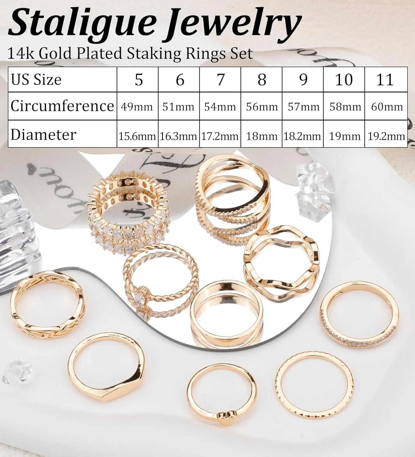 Staligue Gold Rings for Women Non Tarnish 10 PCS Dainty 14k Gold Plated Stacking Rings Set Heart CZ Thumb Chunky Wedding Band Rings Size 5 6 7 8 9 10 11