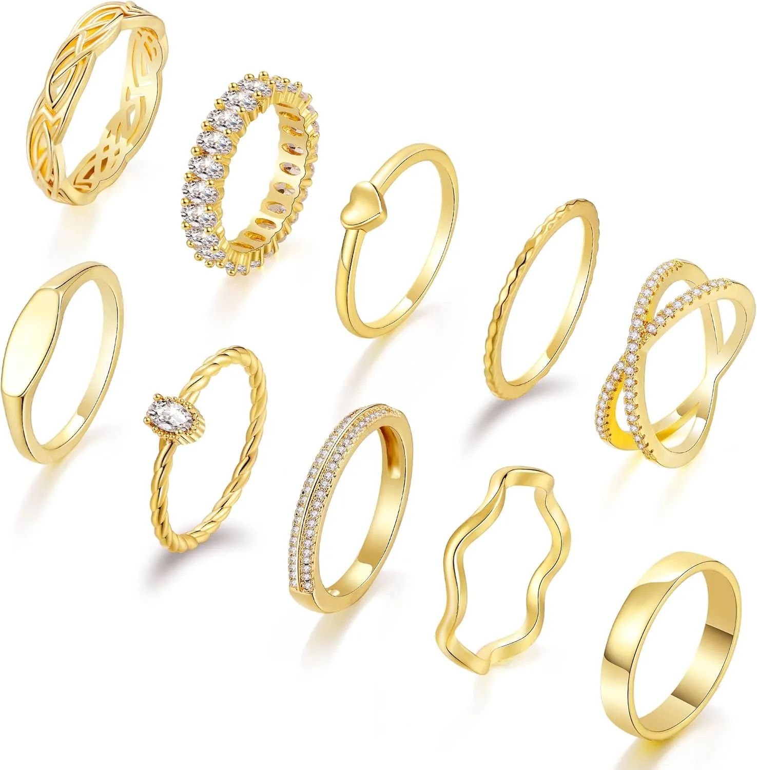 Staligue Gold Rings for Women Non Tarnish 10 PCS Dainty 14k Gold Plated Stacking Rings Set Heart CZ Thumb Chunky Wedding Band Rings Size 5 6 7 8 9 10 11