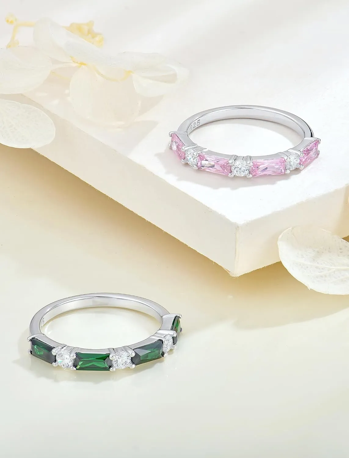 STARCHENIE Baguette Gemstone Rings for Her | 925 Sterling Silver Stackable Ring for Women | Eternity Ring Size 5-10