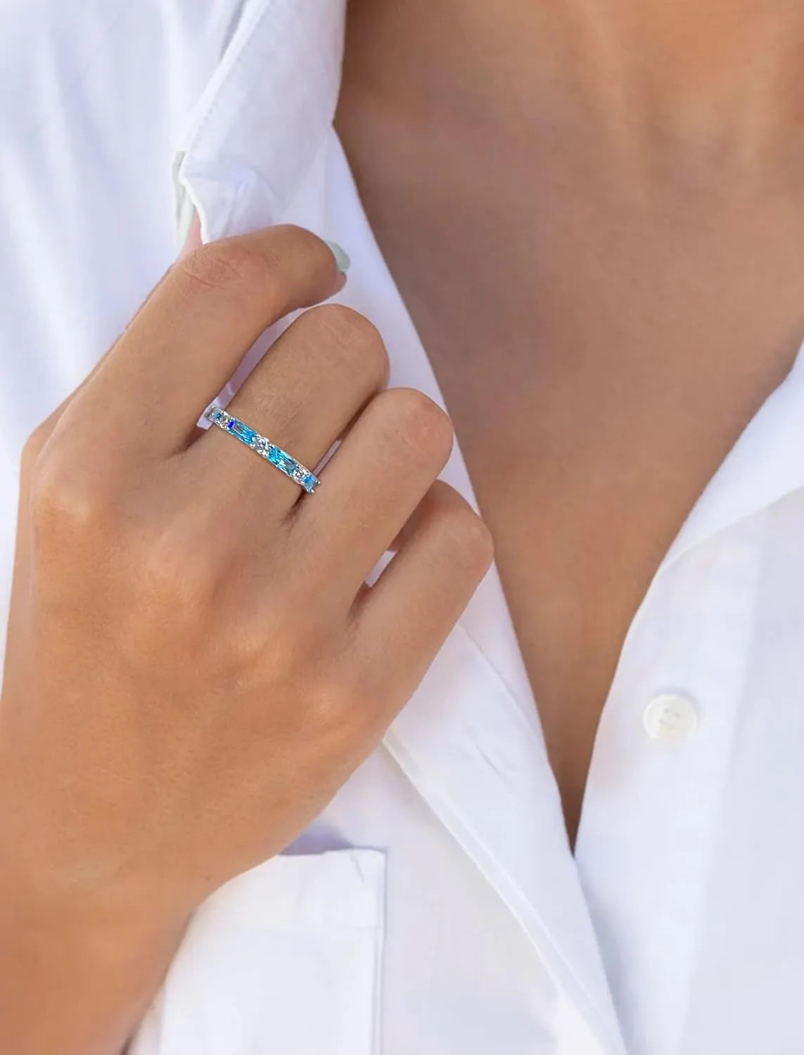 STARCHENIE Baguette Gemstone Rings for Her | 925 Sterling Silver Stackable Ring for Women | Eternity Ring Size 5-10