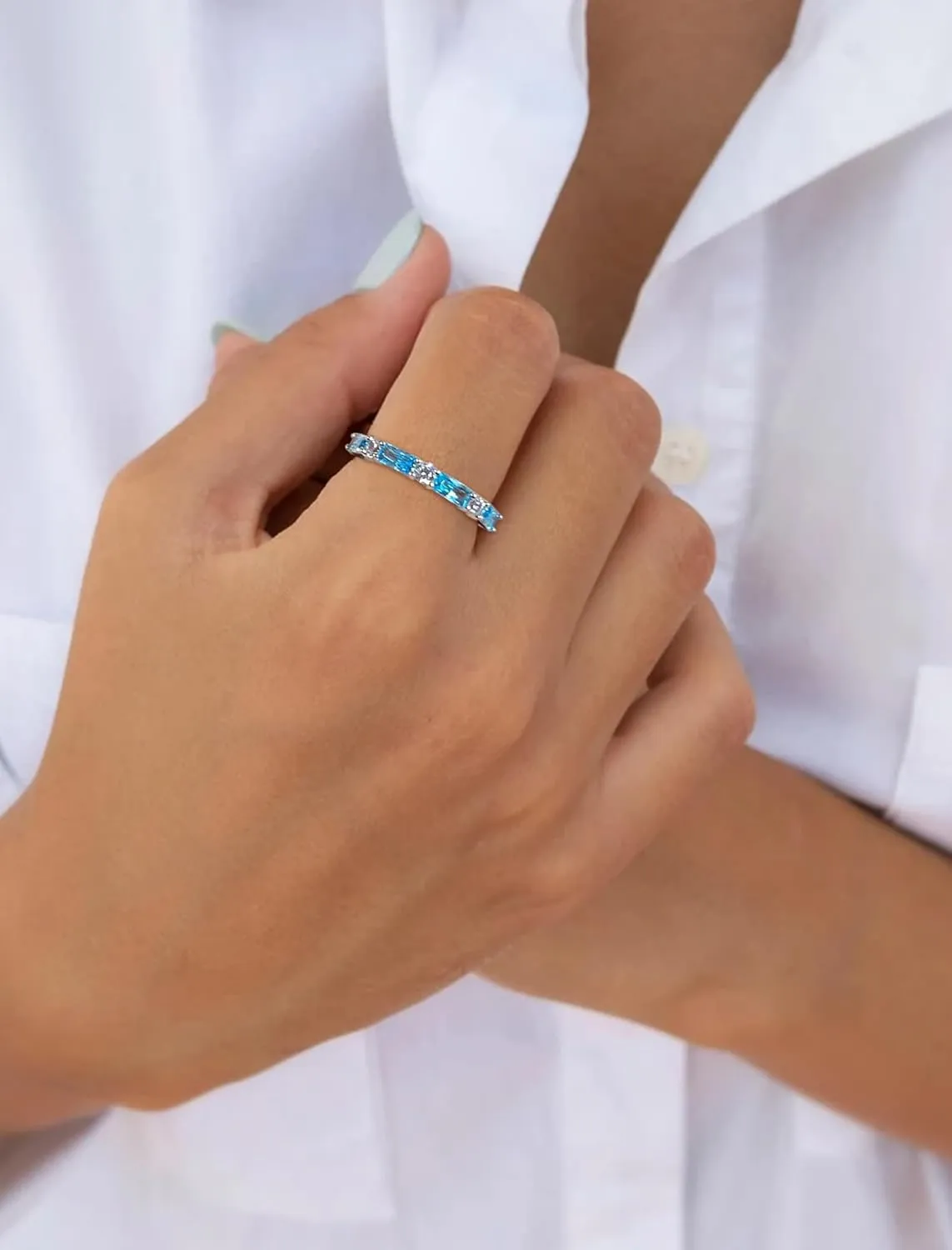 STARCHENIE Baguette Gemstone Rings for Her | 925 Sterling Silver Stackable Ring for Women | Eternity Ring Size 5-10