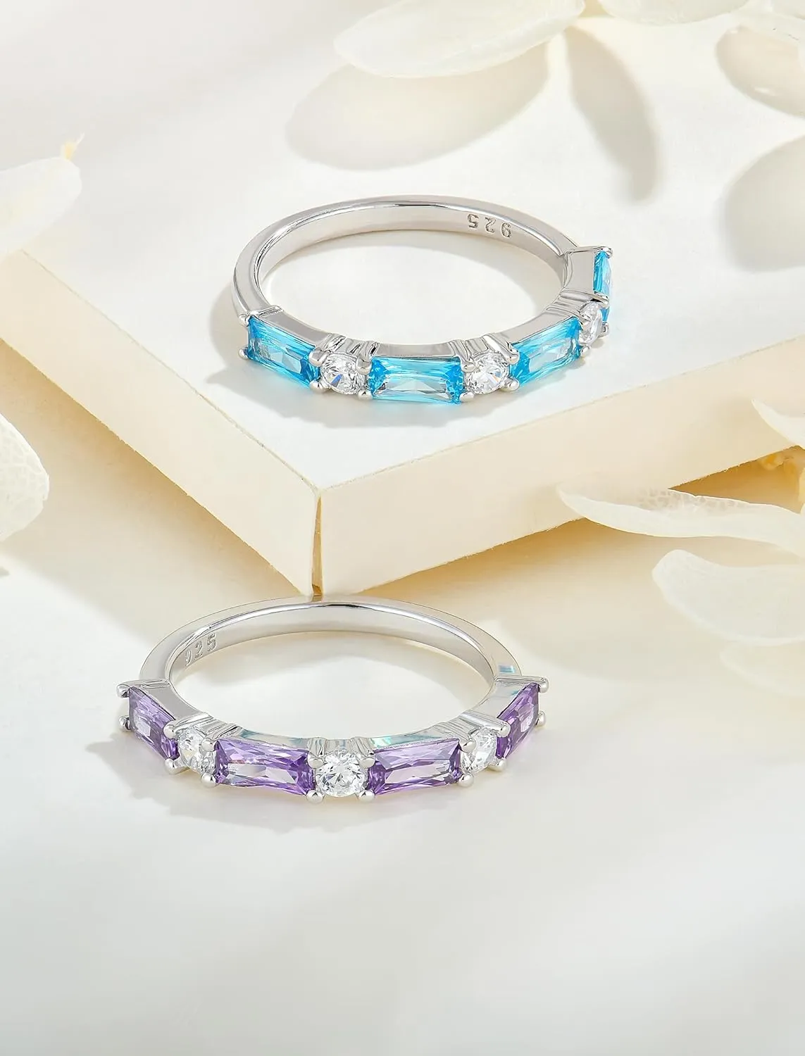 STARCHENIE Baguette Gemstone Rings for Her | 925 Sterling Silver Stackable Ring for Women | Eternity Ring Size 5-10