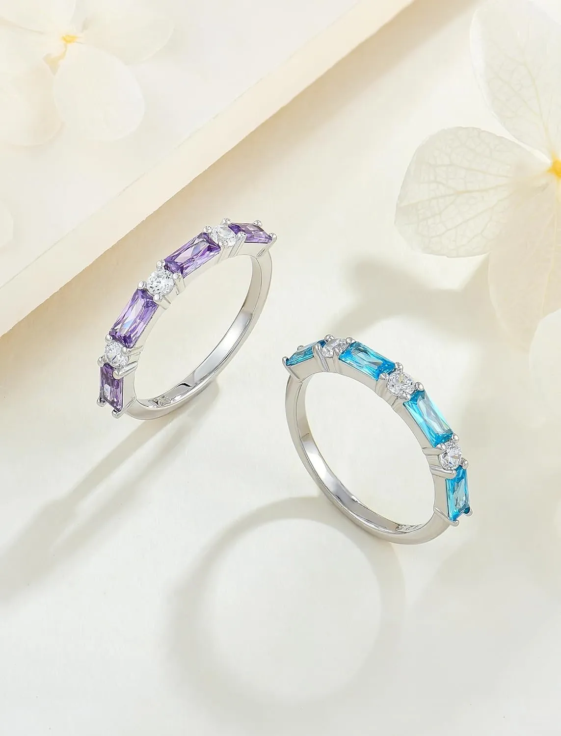 STARCHENIE Baguette Gemstone Rings for Her | 925 Sterling Silver Stackable Ring for Women | Eternity Ring Size 5-10