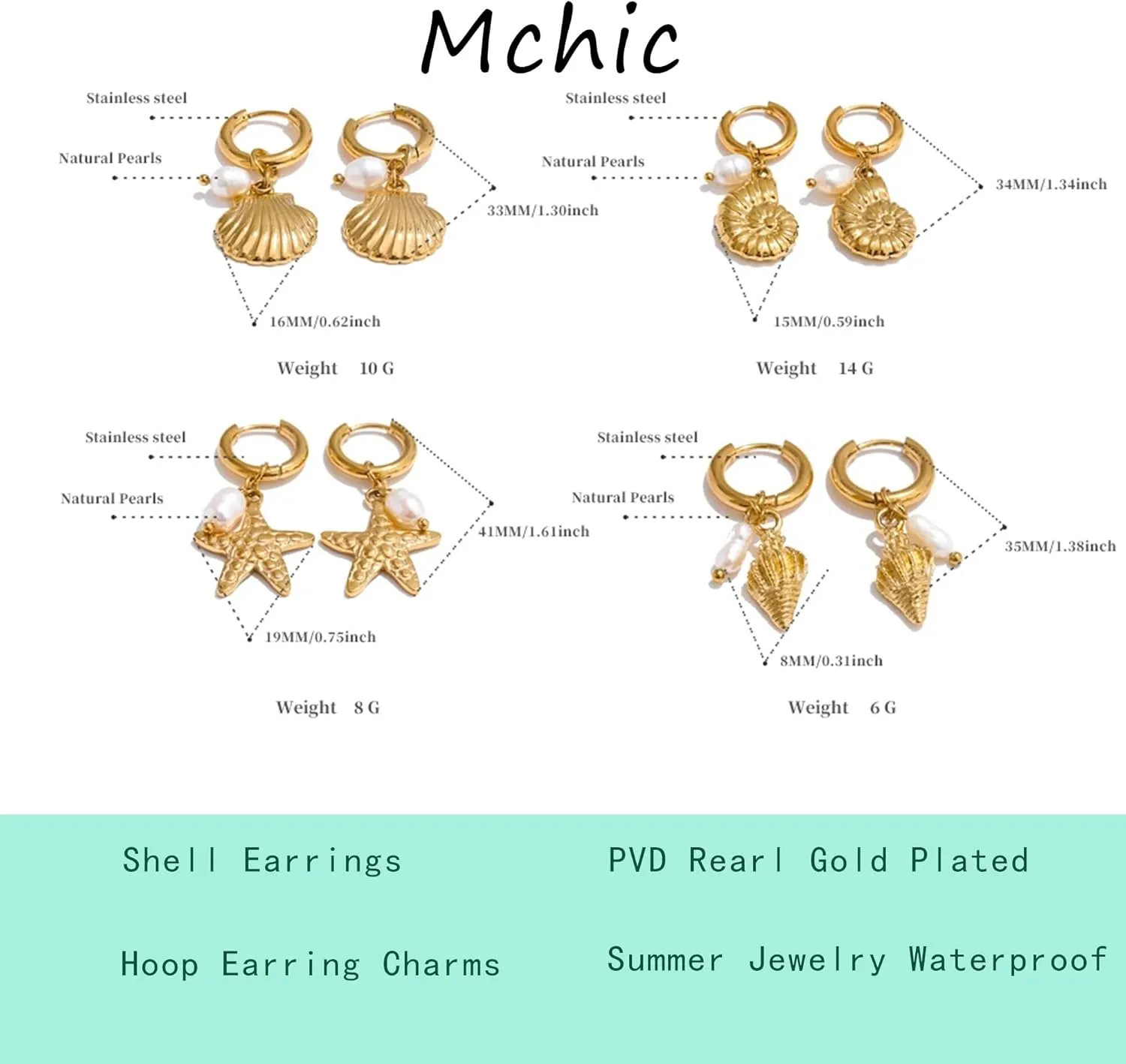Starfish Earrings for Women: Gold Seashell Drop Hoop with Pearl Charm Ocean Vacation Dangle Huggie Earrings Coastal Jewelry Cute Small Dainty Summer Accessory