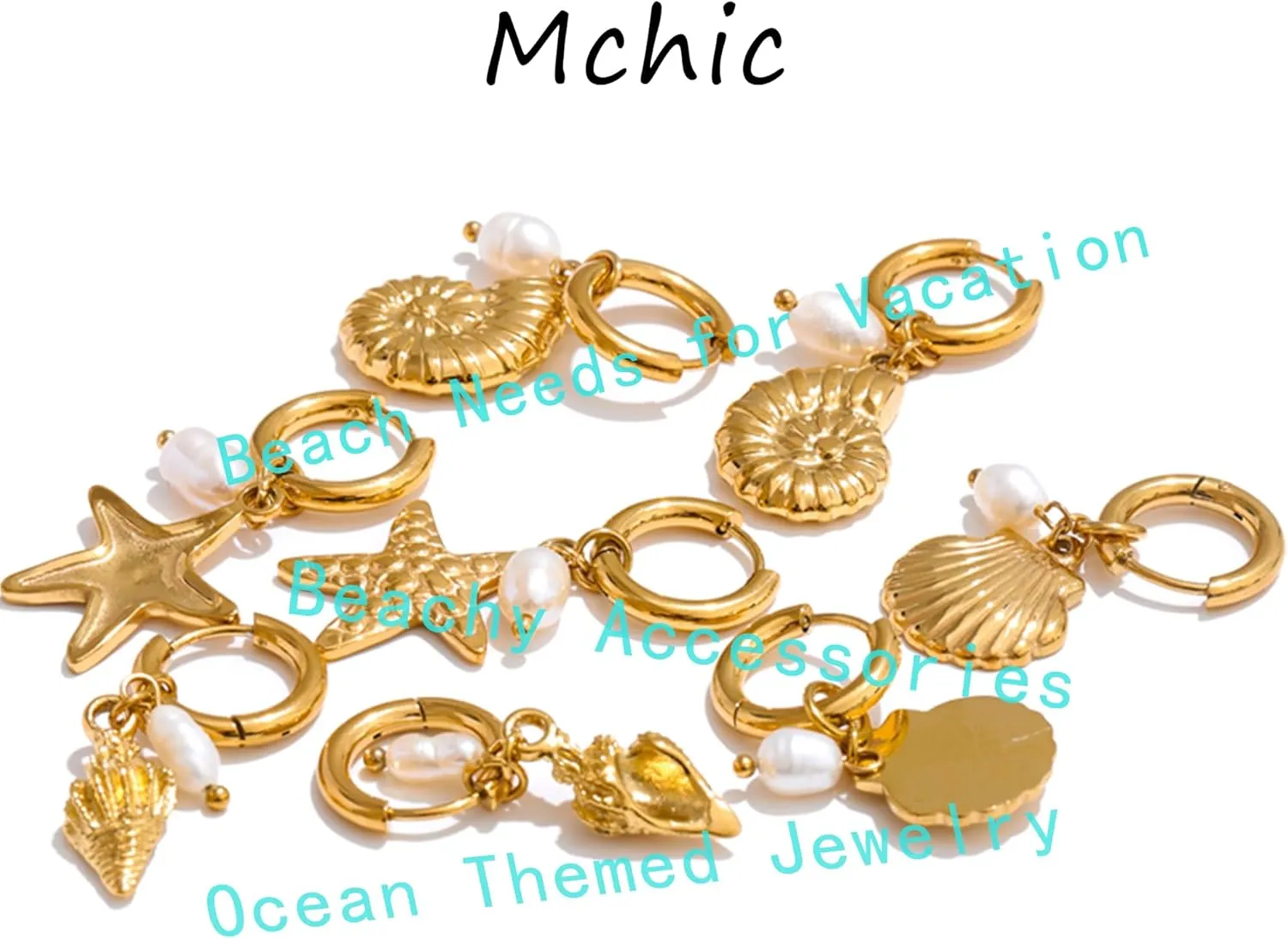 Starfish Earrings for Women: Gold Seashell Drop Hoop with Pearl Charm Ocean Vacation Dangle Huggie Earrings Coastal Jewelry Cute Small Dainty Summer Accessory