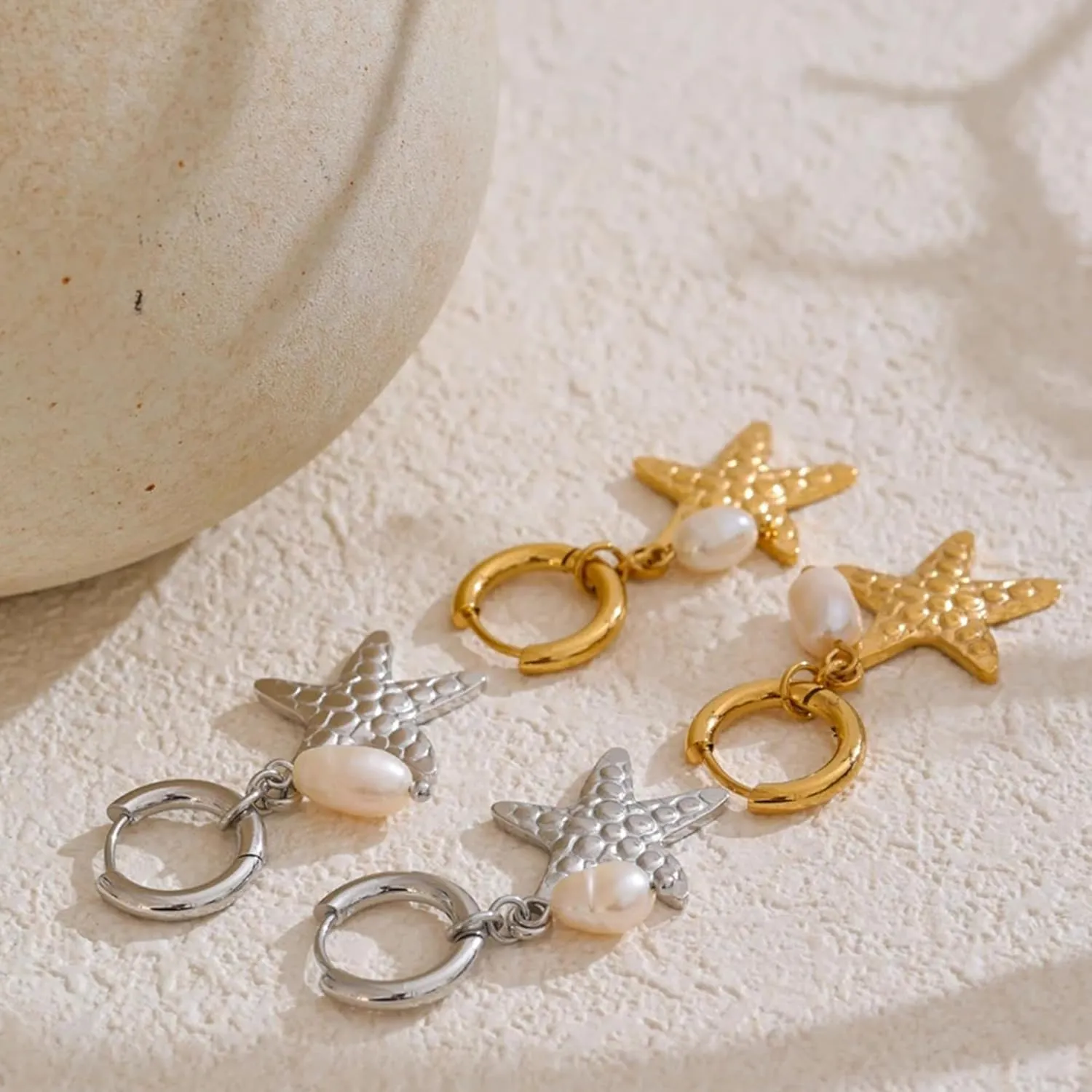 Starfish Earrings for Women: Gold Seashell Drop Hoop with Pearl Charm Ocean Vacation Dangle Huggie Earrings Coastal Jewelry Cute Small Dainty Summer Accessory
