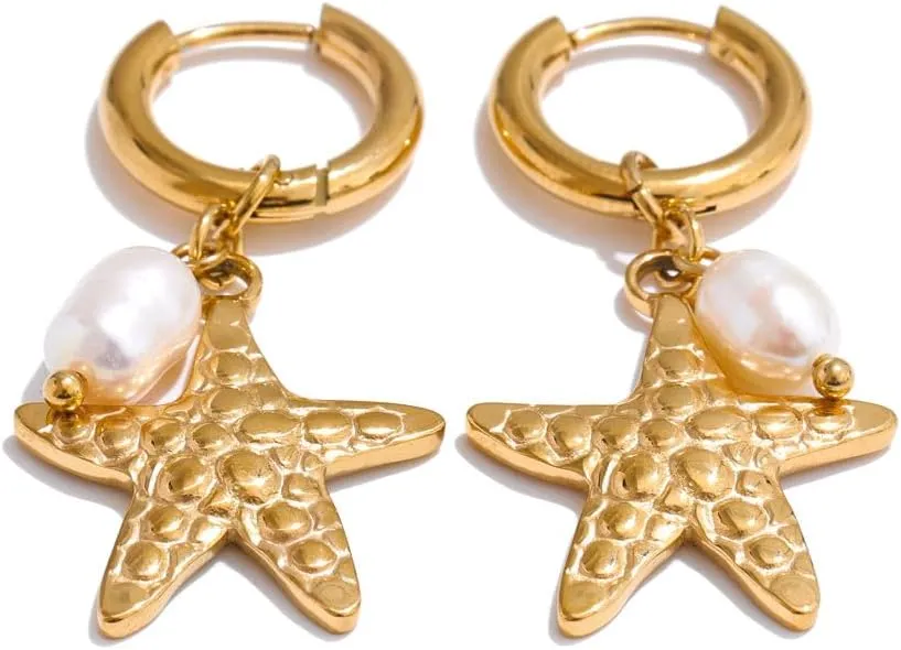 Starfish Earrings for Women: Gold Seashell Drop Hoop with Pearl Charm Ocean Vacation Dangle Huggie Earrings Coastal Jewelry Cute Small Dainty Summer Accessory