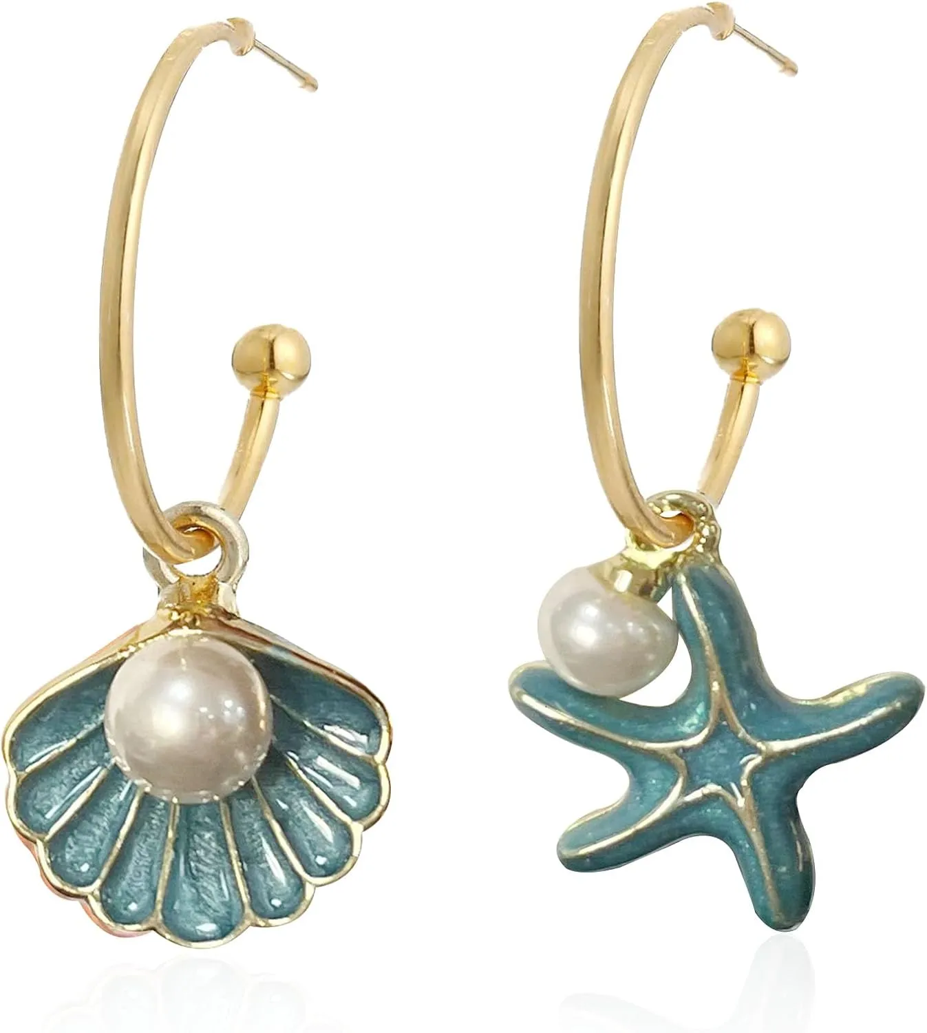 Starfish Seashell Pearl Earrings for Women Sea Shell Earrings for Pearl Starfish Shell Dangle Earrings Hypoallergenic Cute Shell Earrings Dangle Cowrie Shell Drop Earrings Starfish Shell Jewelry Gifts (Shell Starfish Earrings)