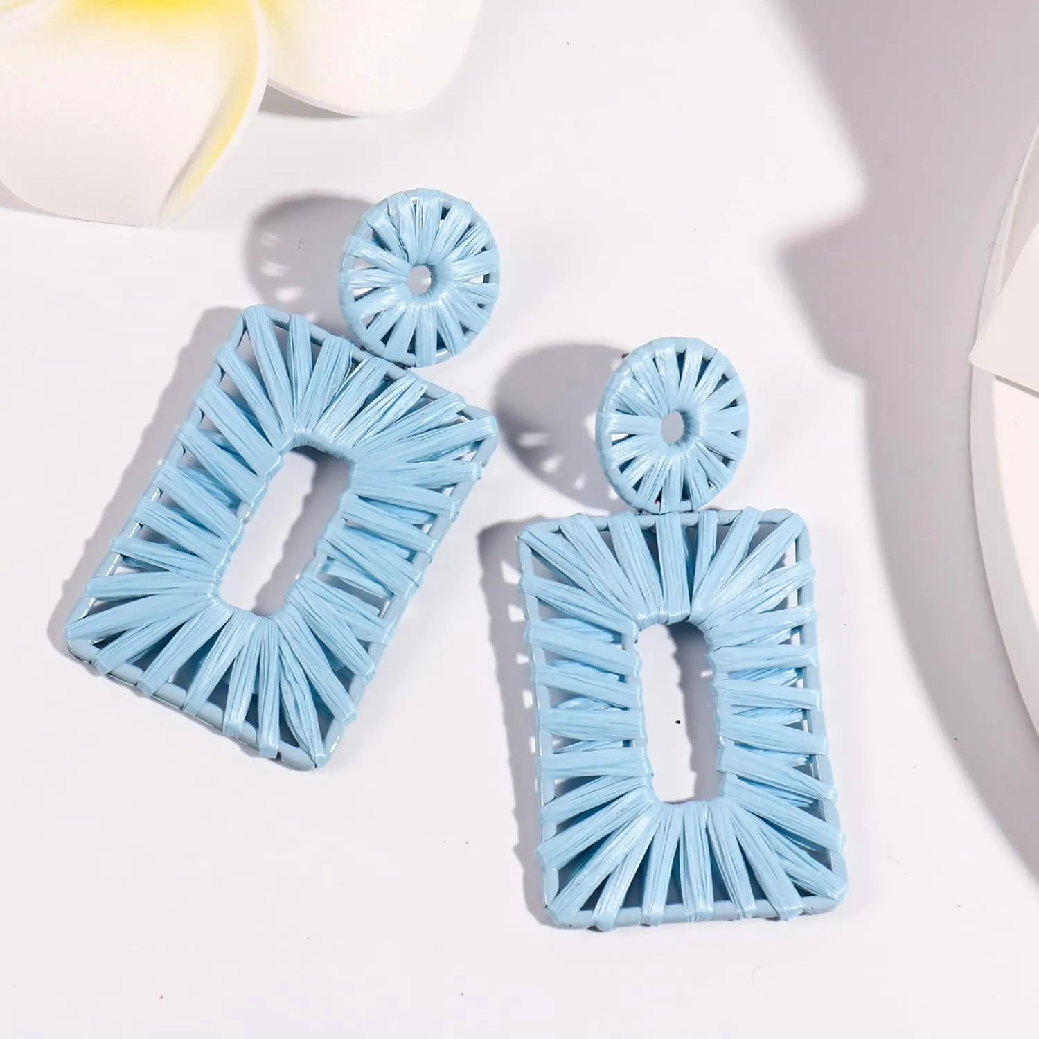 Statement Boho Drop Geometric Dangle Earrings for Women - Handmade Straw Beach Earrings