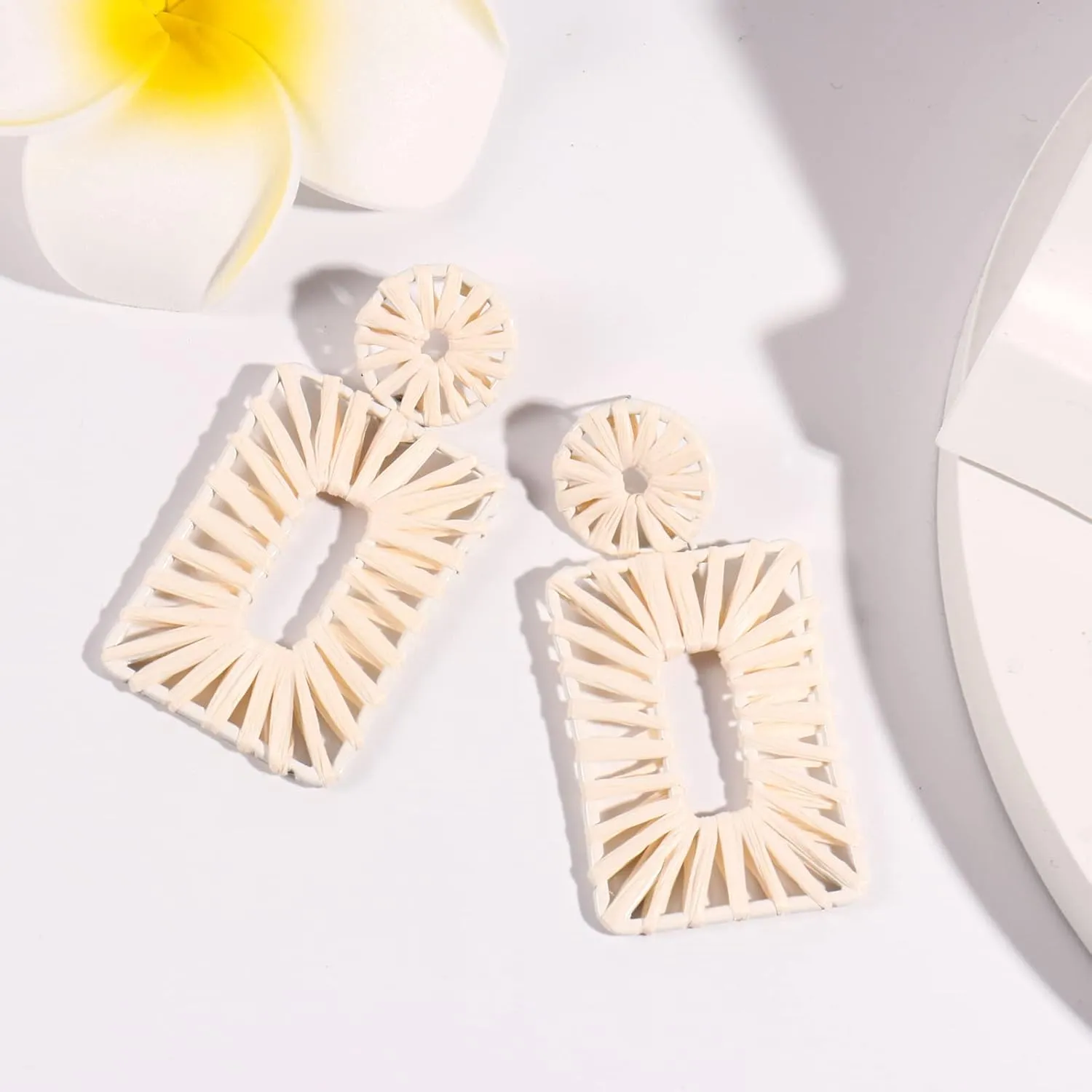 Statement Boho Drop Geometric Dangle Earrings for Women - Handmade Straw Beach Earrings
