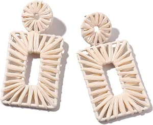 Statement Boho Drop Geometric Dangle Earrings for Women - Handmade Straw Beach Earrings