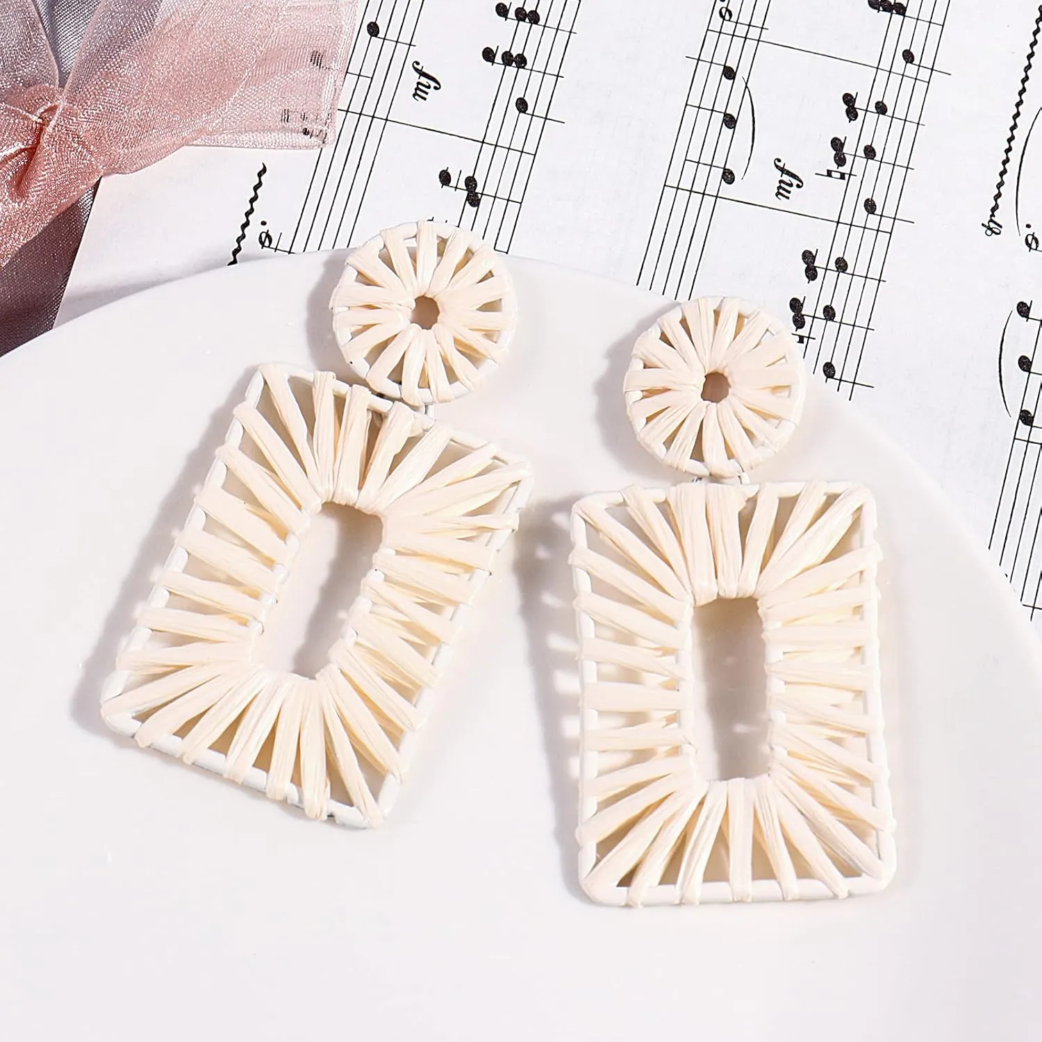 Statement Boho Drop Geometric Dangle Earrings for Women - Handmade Straw Beach Earrings