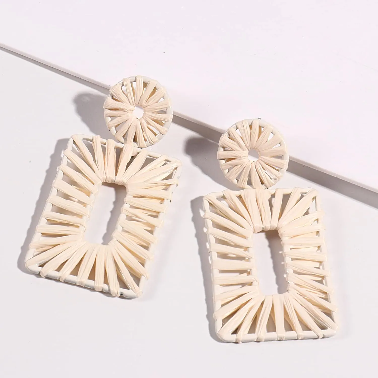 Statement Boho Drop Geometric Dangle Earrings for Women - Handmade Straw Beach Earrings