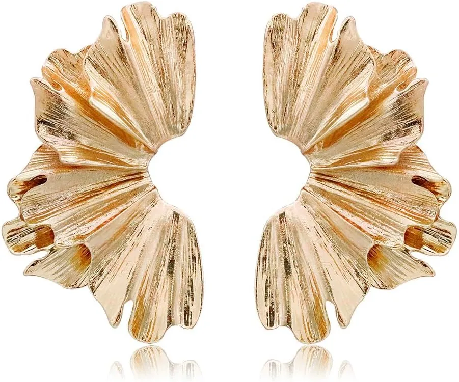 Statement Gold Flower Earrings - Large Metal Floral Drop Earrings - Hypoallergenic Stylish Statement Jewelry for Women