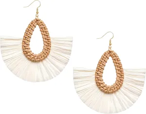 Statement Raffia Tassel Earrings Boho Summer Beach Earrings Lightweight Straw Wicker Dangle Drop Earrings Trendy Rattan Fringe Jewelry for Women
