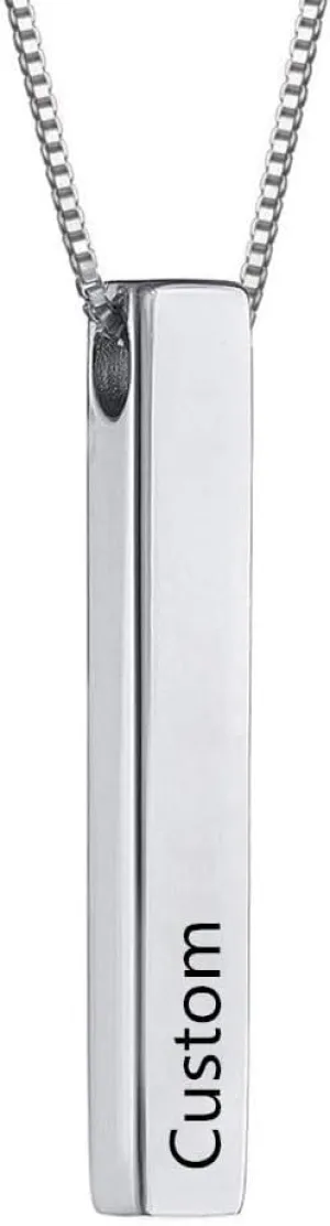 Sterling Silver Personalized 4 Sided Vertical 3D Engraved Bar Pendant Necklace Meaningful Gift For Mom,Women