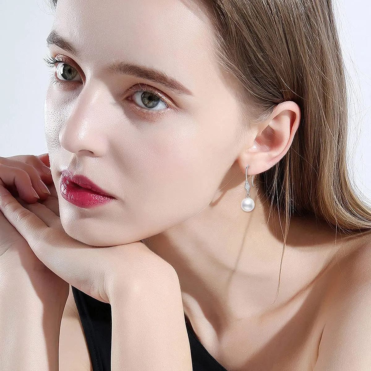 Sterling Silver Simulated Shell Pearl Earrings Drop Hypoallergenic Butterfly Cubic Zirconia Dangle Earrings for Mom Women Girl