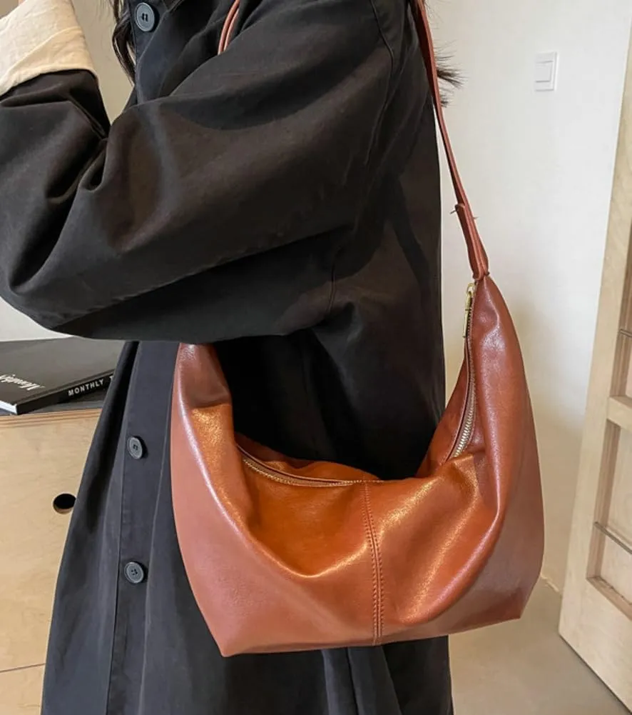 Stylish Crescent Bag for Women PU Leather Satchel Purse Causal Slouchy Bag College Office Shoulder Bag with Adjustable Strap