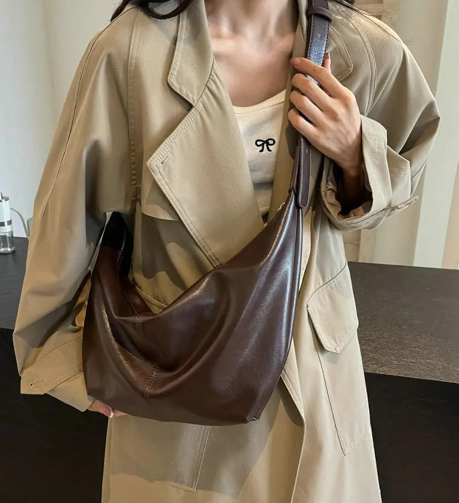 Stylish Crescent Bag for Women PU Leather Satchel Purse Causal Slouchy Bag College Office Shoulder Bag with Adjustable Strap