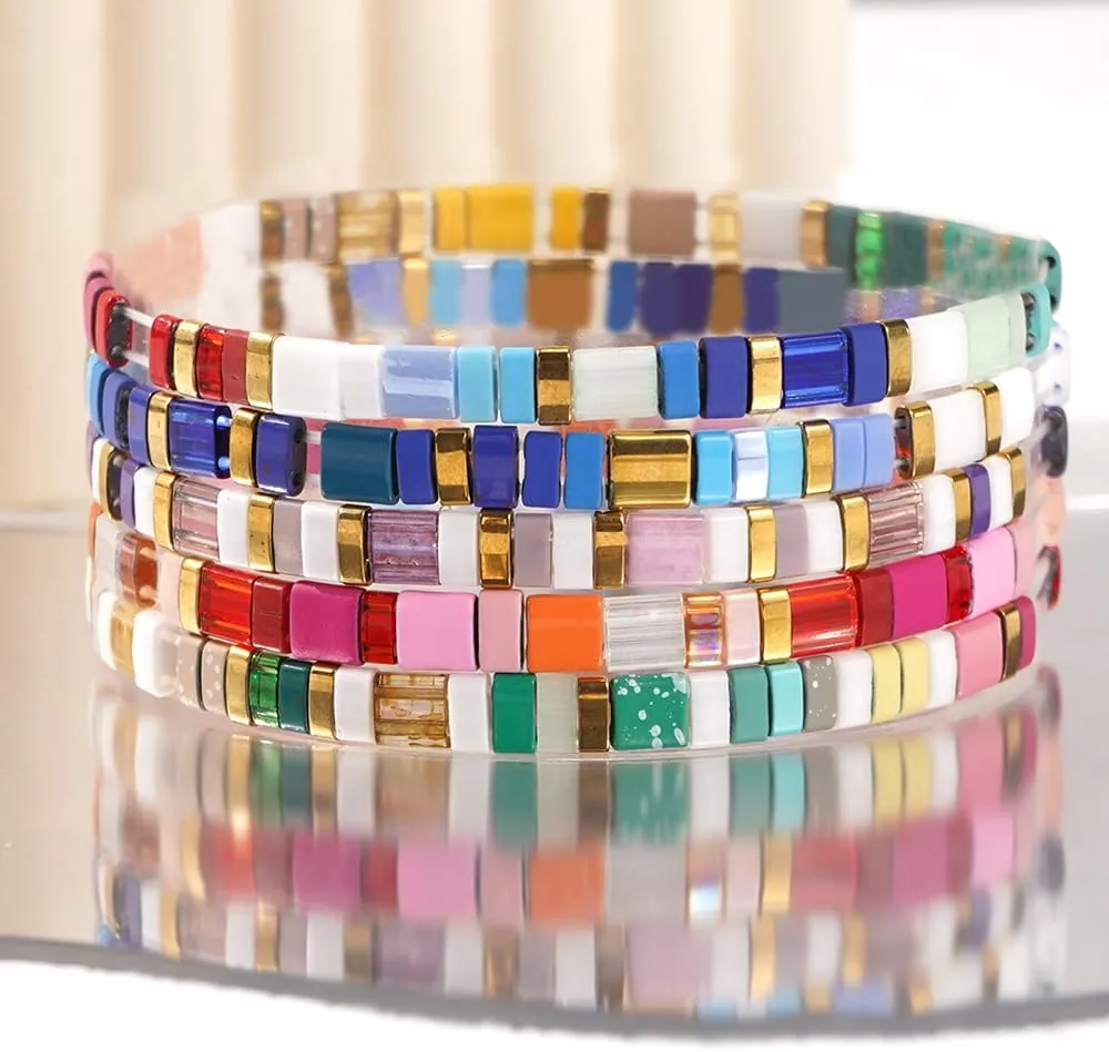 Summer Candy Colorful Tila Flat Seed Beads Stretch Strand Bracelets for Women Trendy Unique Friendship Handmade Mixed Square Beaded Link Stackable Friendship Summer Jewelry Gifts